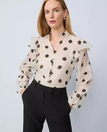 Ann Taylor Tops And Blouses|Petite Dotted Ruffle Trim Blouse Ivory Whisper