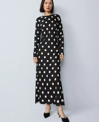 Ann Taylor Dresses|Petite Dresses|Petite Dotted Satin Sheath Dress Black