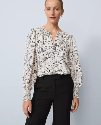 Ann Taylor Tops And Blouses|Petite Dotted Smocked Crew Neck Top Ivory Whisper