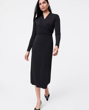 Ann Taylor Petite Dresses|Petite Dresses|Petite Draped Knit Midi Sheath Dress Black