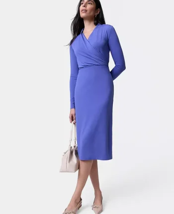 Ann Taylor Petite Dresses|New Petite Styles|Petite Draped Knit Midi Sheath Dress Electric Periwinkle