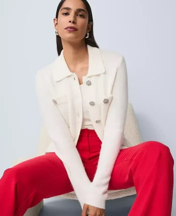 Ann Taylor Petite Sweaters|Petite Embellished Collared Cardigan Winter White