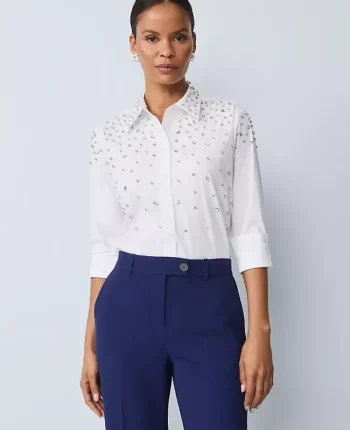 Ann Taylor Tops And Blouses|Petite Embellished Relaxed Perfect Shirt White