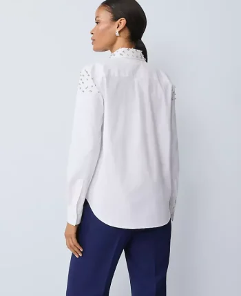 Ann Taylor Tops And Blouses|Petite Embellished Relaxed Perfect Shirt White