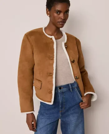 Ann Taylor Jackets And Blazers|Petite Jackets And Blazers|Petite Faux Suede Crew Neck Jacket White Fur/ Tan Suede
