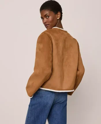 Ann Taylor Jackets And Blazers|Petite Jackets And Blazers|Petite Faux Suede Crew Neck Jacket White Fur/ Tan Suede