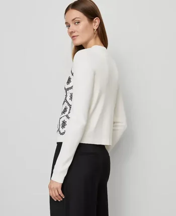 Ann Taylor Sweaters|All Sweaters|Petite Floral Embroidered Cardigan White/Navy