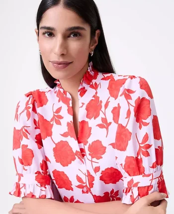 Ann Taylor New Petite Styles|Petite Floral Ruffle Collar Shirt Fiery Sunset
