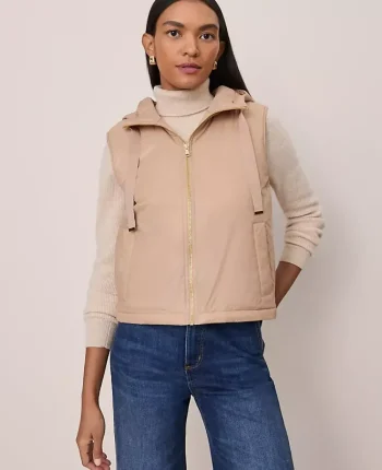 Ann Taylor Jackets And Blazers|Petite Jackets And Blazers|Petite Hooded Puffer Vest Cafe Au Lait