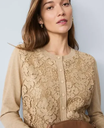 Ann Taylor Petite Sweaters|Petite Lace Ann Cardigan Camel Melange