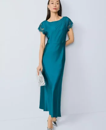 Ann Taylor Dresses|Petite Dresses|Petite Lace Trim Satin Midi Dress Pacific Shore