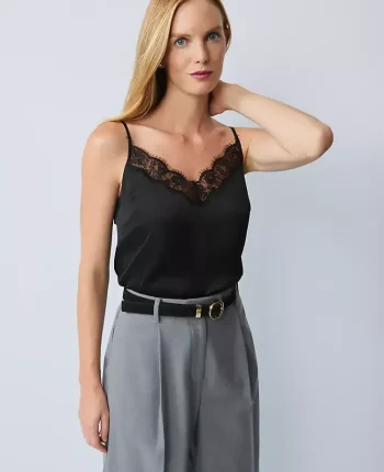 Ann Taylor Tops And Blouses|Petite Lace Trim V-Neck Tank Top Black