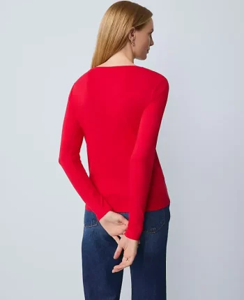 Ann Taylor Tops And Blouses|Petite Long Sleeve Crew Neck Top Iconic Red