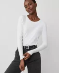 Ann Taylor Tops And Blouses|Petite Long Sleeve Crew Neck Top White