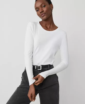 Ann Taylor Tops And Blouses|Petite Long Sleeve Crew Neck Top White
