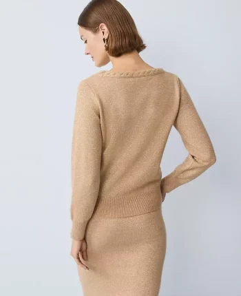 Ann Taylor Sweaters|All Sweaters|Petite Metallic Braided Scoop Neck Sweater Cafe Au Lait
