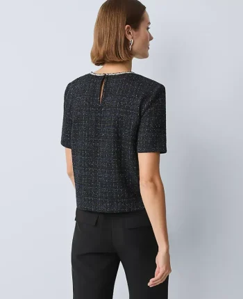 Ann Taylor Tops And Blouses|Petite Metallic Tweed Top Navy/Black Metallic
