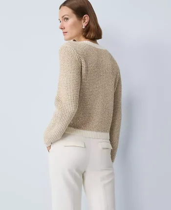 Ann Taylor Petite Sweaters|Petite Metallic Waffle Knit Sweater Jacket Winter White