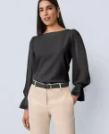 Ann Taylor Tops And Blouses|Petite Mixed Media Pleated Sleeve Top Black
