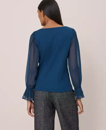 Ann Taylor Tops And Blouses|Petite Mixed Media Pleated Sleeve Top Moonlit Backdrop