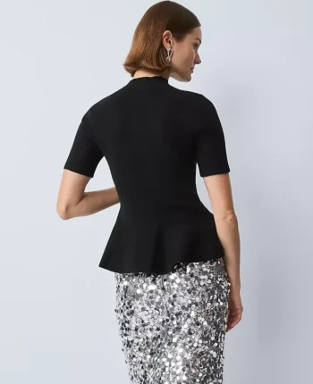 Ann Taylor Petite Sweaters|Petite Mock Neck Peplum Top Black