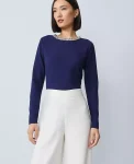 Ann Taylor Tops And Blouses|Petite Ponte Embellished Crew Neck Top Twilight Sea