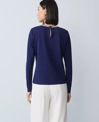 Ann Taylor Tops And Blouses|Petite Ponte Embellished Crew Neck Top Twilight Sea