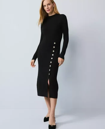 Ann Taylor Petite Sweaters|Petite Dresses|Petite Ribbed Button Sweater Dress Black