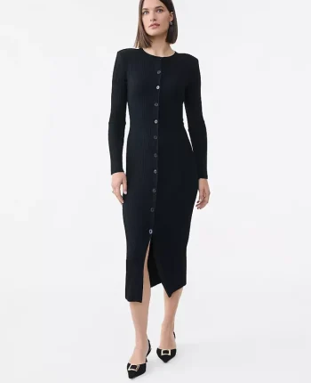 Ann Taylor Petite Sweaters|Petite Dresses|Petite Ribbed Button Sweater Dress Black