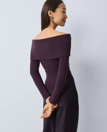 Ann Taylor Sweaters|All Sweaters|Petite Ribbed Off-The-Shoulder Sweater Aubergine Dream