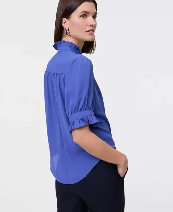Ann Taylor New Petite Styles|Petite Ruffle Collar Blouse Electric Periwinkle