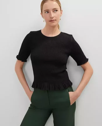 Ann Taylor Tops And Blouses|Petite Smocked Ruffle Trimmed Top Black