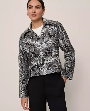 Ann Taylor Jackets And Blazers|Petite Jackets And Blazers|Petite Snake Print Belted Trench Coat Black/ Neutral Snakeskin
