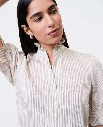 Ann Taylor New Petite Styles|Petite Striped Ruffle Collar Shirt Ivory
