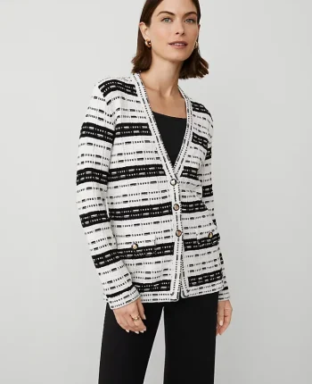 Ann Taylor Sweaters|All Sweaters|Petite Striped Tweed Sweater Jacket White/Black Multi
