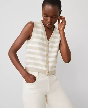 Ann Taylor Tops And Blouses|Petite Striped V-Neck Vest Toasted Oat