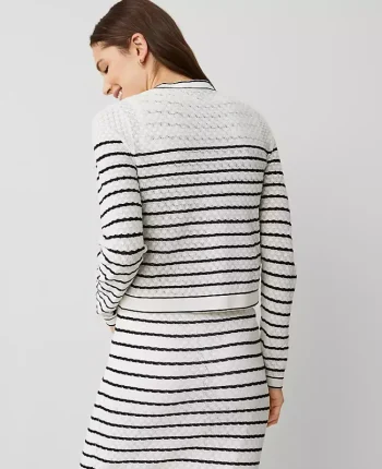 Ann Taylor Petite Sweaters|Petite Textured Striped Pocket Cardigan White/Black Multi