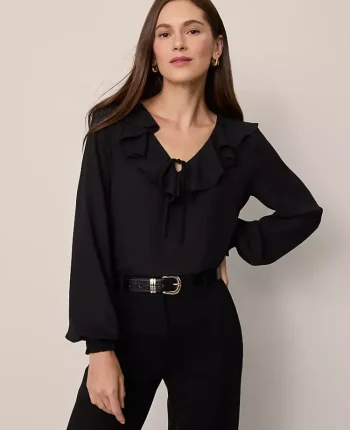 Ann Taylor Tops And Blouses|Petite Tie Neck Ruffle Blouse Black