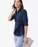 Ann Taylor New Petite Styles|Petite Tie Waist Button Down Shirt Night Sky