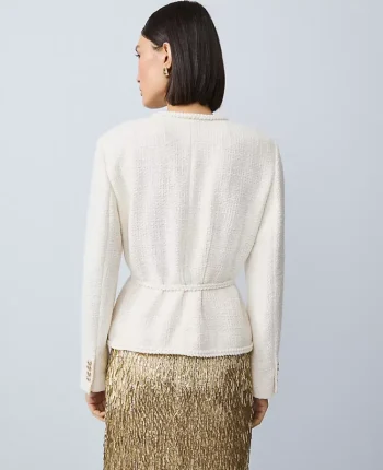 Ann Taylor Jackets And Blazers|Petite Jackets And Blazers|Petite Tweed Belted Jacket Winter White