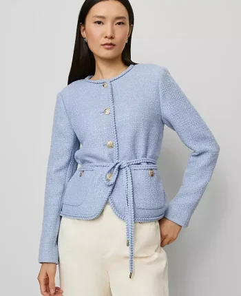 Ann Taylor Jackets And Blazers|Petite Tweed Belted Jacket Placid Blue