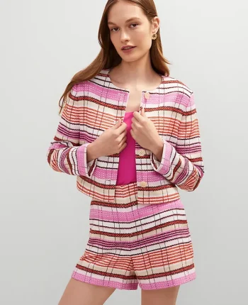 Ann Taylor Jackets And Blazers|Petite Jackets And Blazers|Petite Tweed Crew Neck Jacket Neutral/Red Multi