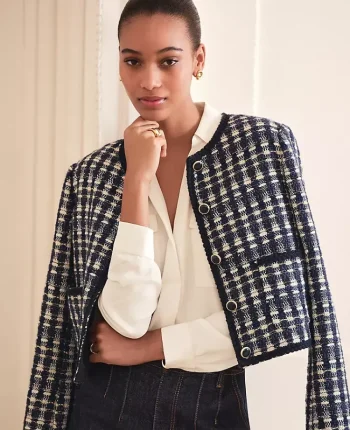 Ann Taylor Jackets And Blazers|Petite Jackets And Blazers|Petite Tweed Patch Pocket Jacket Navy/White Combo