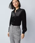 Ann Taylor Tops And Blouses|Petite Velvet Button Down Shirt Black