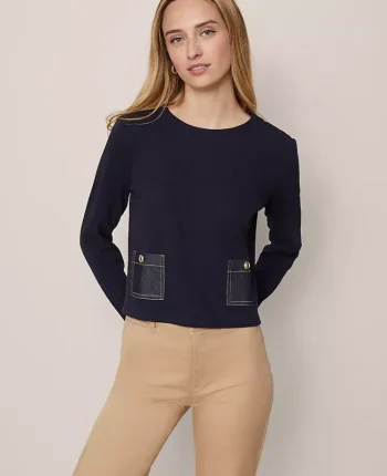 Ann Taylor Petite Weekend|Petite Weekend|Petite Weekend Collection Denim Patch Pocket Pullover Night Sky