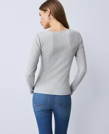 Ann Taylor Petite Weekend|Petite Weekend|Petite Weekend Collection Lace Trim Pointelle Top Medium Light Heather Grey