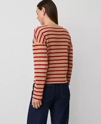 Ann Taylor Petite Weekend|Petite Weekend|Petite Weekend Collection Stripe Relaxed Long Sleeve Top Cafe Au Lait