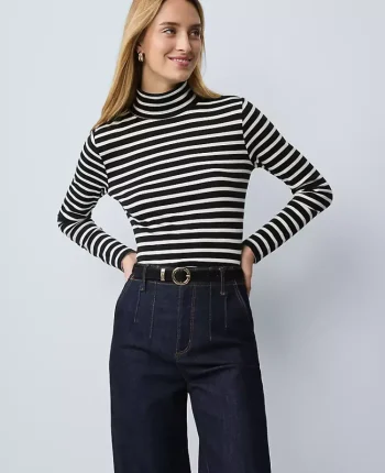Ann Taylor Petite Weekend|Petite Weekend|Petite Weekend Collection Striped Turtleneck Top Black