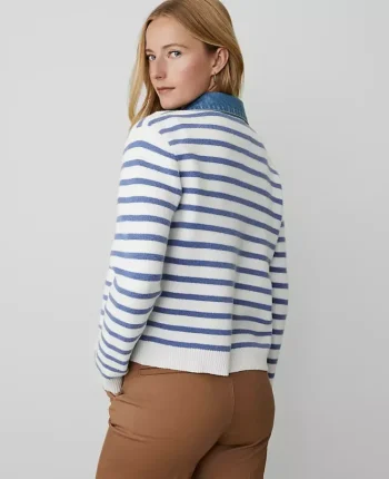 Ann Taylor Sweaters|All Sweaters|Petite Weekend Collection Striped Denim Sweater Jacket Light Blue/White Combo