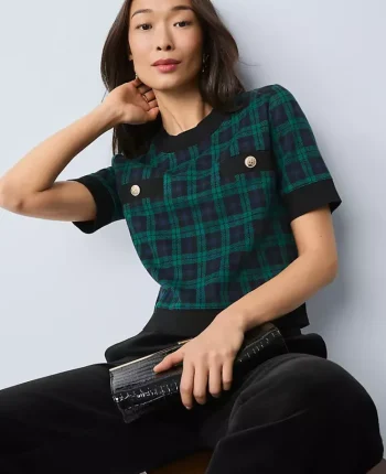 Ann Taylor Tops And Blouses|Plaid Sweater Trim Top Pure Sapphire